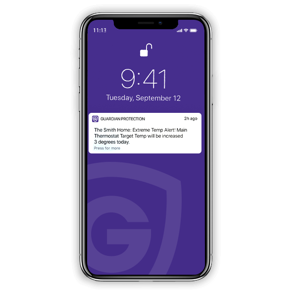 A cell phone receiving a temperature notification from the Guardian Protection app